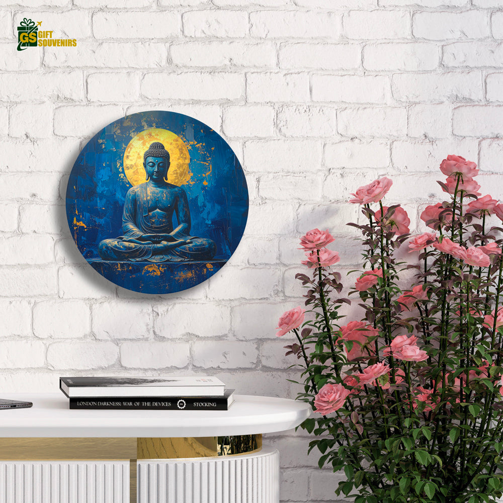 Spiritual Buddha art plate in gold and blue for calming interiors