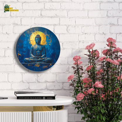 Spiritual Buddha art plate in gold and blue for calming interiors
