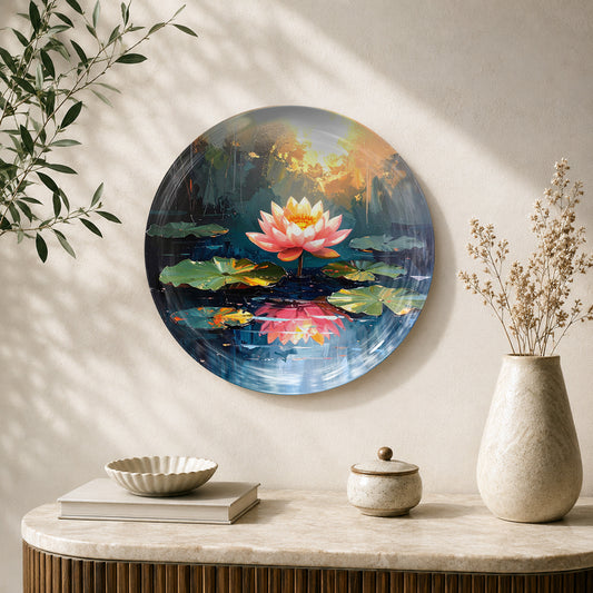 Lotus Calm spiritual ceramic wall plate featuring a pink lotus flower on a peaceful water landscape