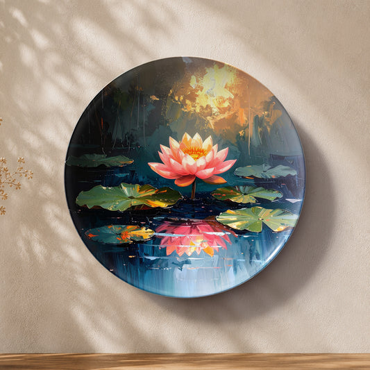Lotus Calm decorative ceramic wall plate with blooming lotus and colorful water reflection artwork