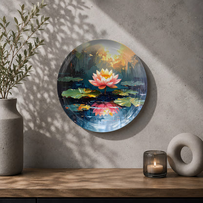 Lotus Calm ceramic wall decor plate with lotus flower, water reflections and tranquil landscape