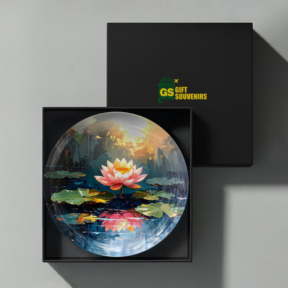 Lotus Calm lotus ceramic wall plate presented in a premium gift box for spiritual gifting and home decor