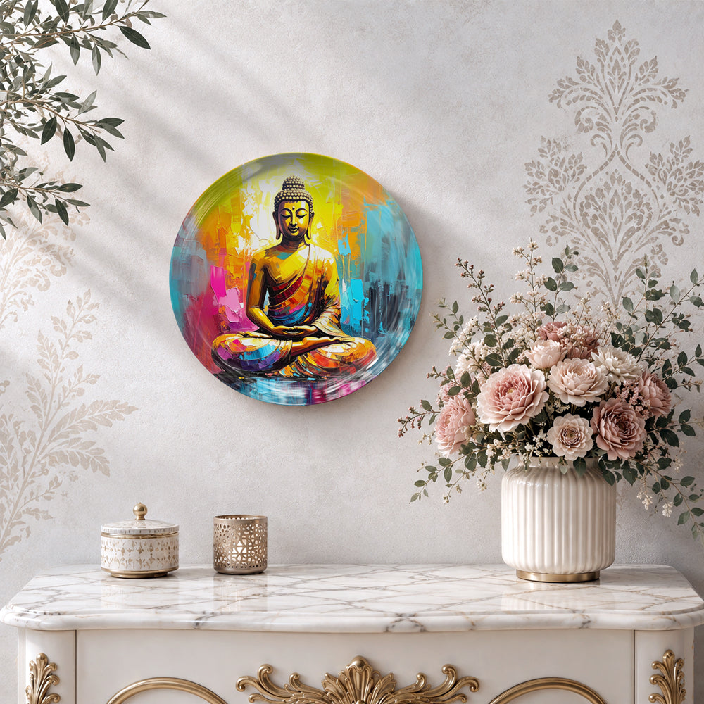 Radiant Serenity modern ceramic wall plate with meditating Buddha and vibrant abstract background