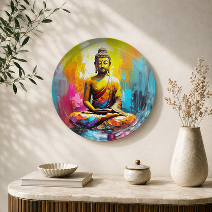 Radiant Serenity modern Buddha ceramic wall plate with vibrant blue, yellow and pink artwork