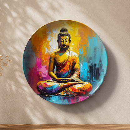 Radiant Serenity Buddha ceramic wall plate featuring a peaceful meditating Buddha in colorful modern art