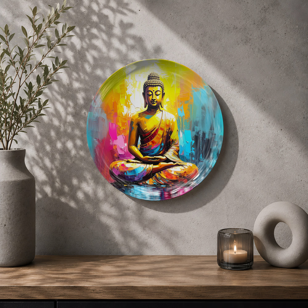 Radiant Serenity Buddha ceramic wall decor plate displayed in a contemporary living room