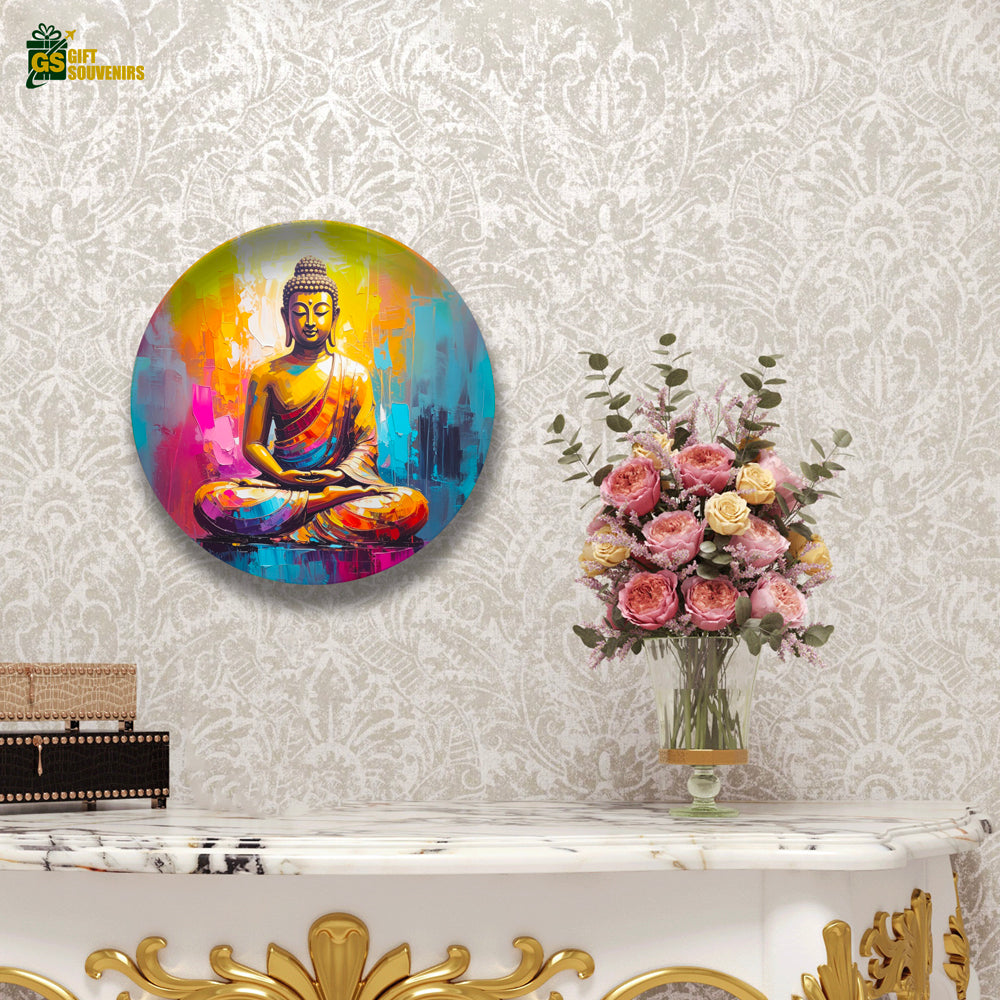 Modern Buddha wall plate with colorful abstract background