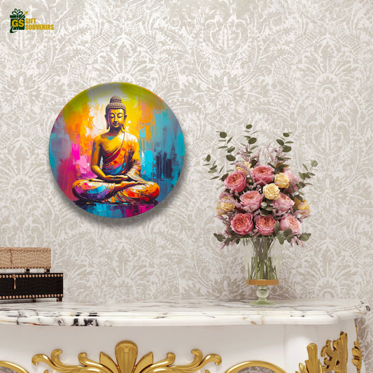 Modern Buddha wall plate with colorful abstract background
