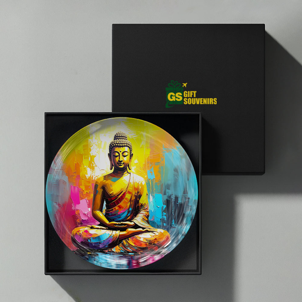 Radiant Serenity modern Buddha ceramic wall plate presented in a premium gift box for home decor