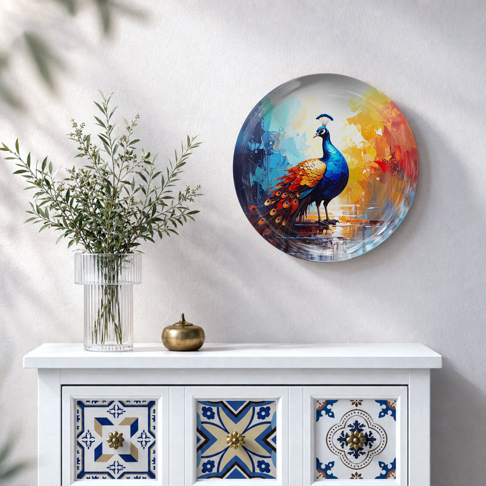 Regal Radiance modern peacock wall plate with blue feathers and vibrant abstract background