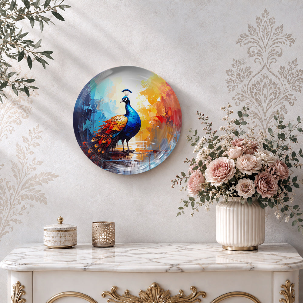 Regal Radiance ceramic wall plate featuring a majestic peacock in a colorful modern landscape