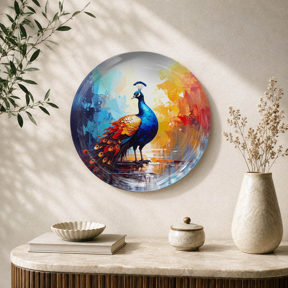 Regal Radiance modern peacock ceramic wall plate with vibrant blue, orange and golden artwork