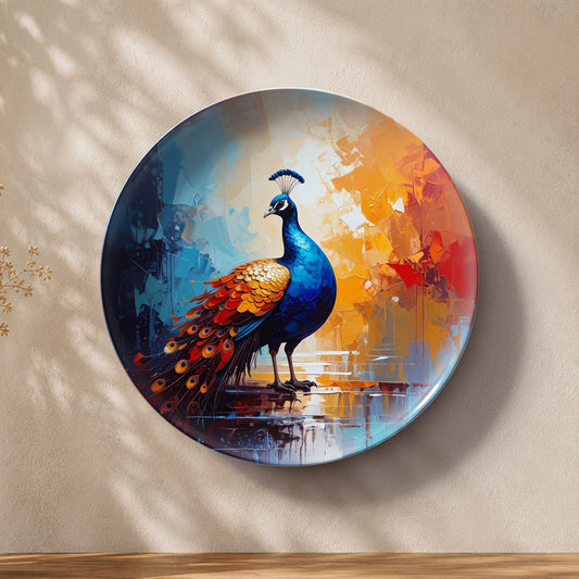 Regal Radiance decorative peacock ceramic wall plate featuring colorful contemporary artwork