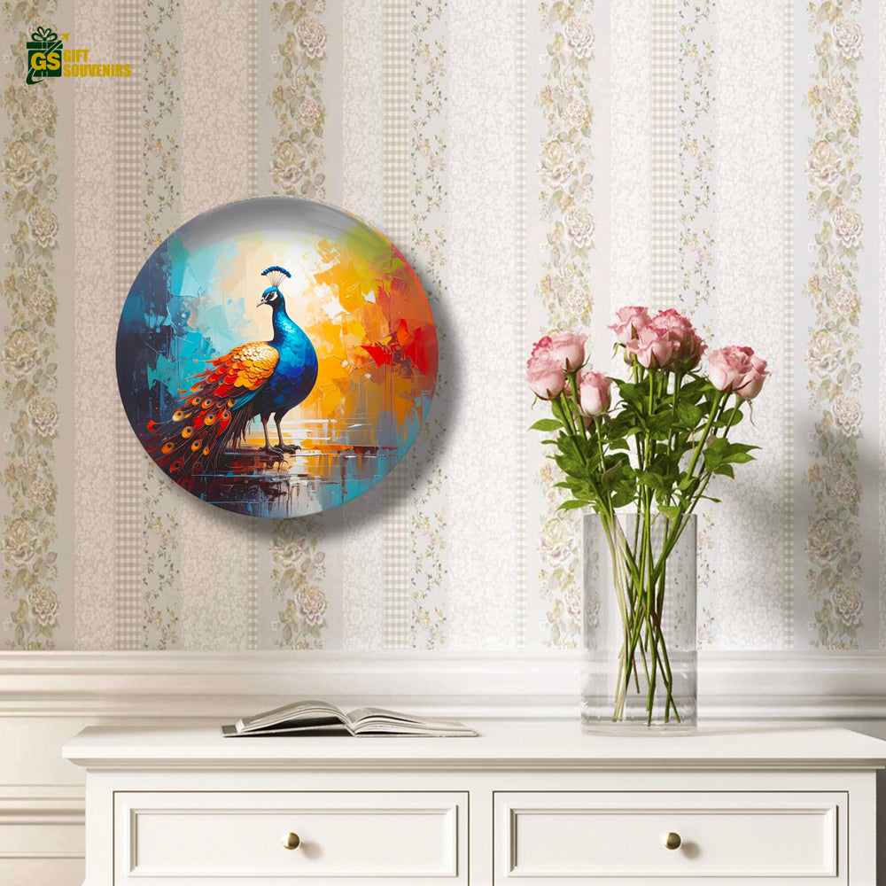 Peacock wall plate with orange, blue, and gold accents