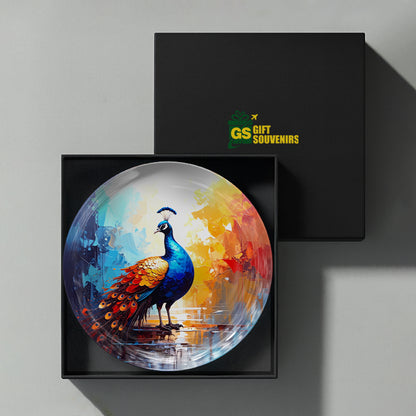 Regal Radiance modern peacock ceramic wall plate presented in a premium gift box for home decor