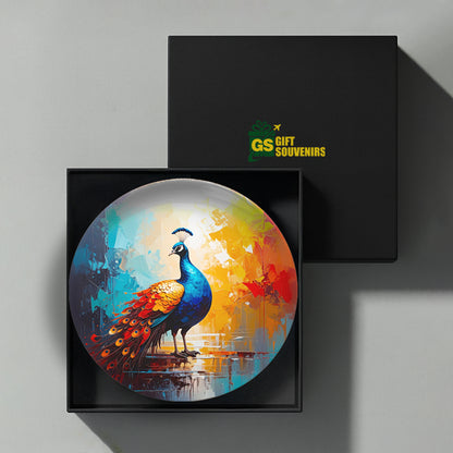 Artistic ceramic wall plate featuring a majestic peacock design