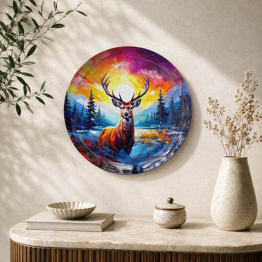 Majestic Dawn deer ceramic wall plate featuring a majestic deer against a vibrant dawn landscape
