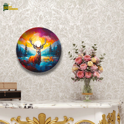 Modern deer wall plate with colorful mountain sunrise design