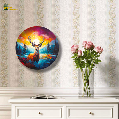 Colorful nature-inspired ceramic wall art with deer