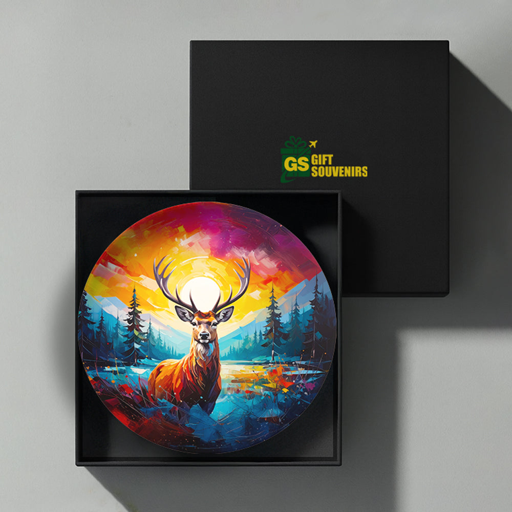 Deer wall art with sunrise background printed on premium ceramic