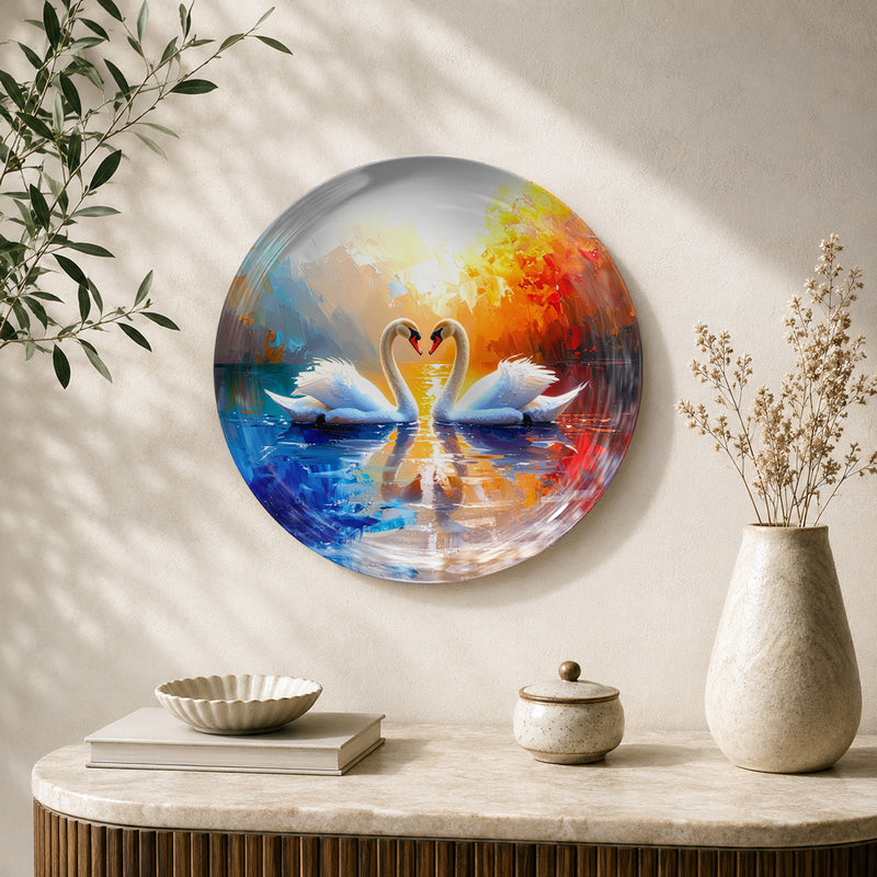 Eternal Harmony Swan Symphony ceramic wall plate featuring two graceful swans and reflective water