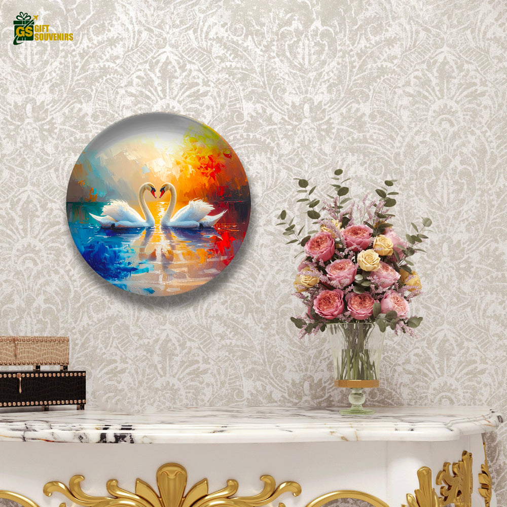 Swan couple wall plate printed on premium ceramic material