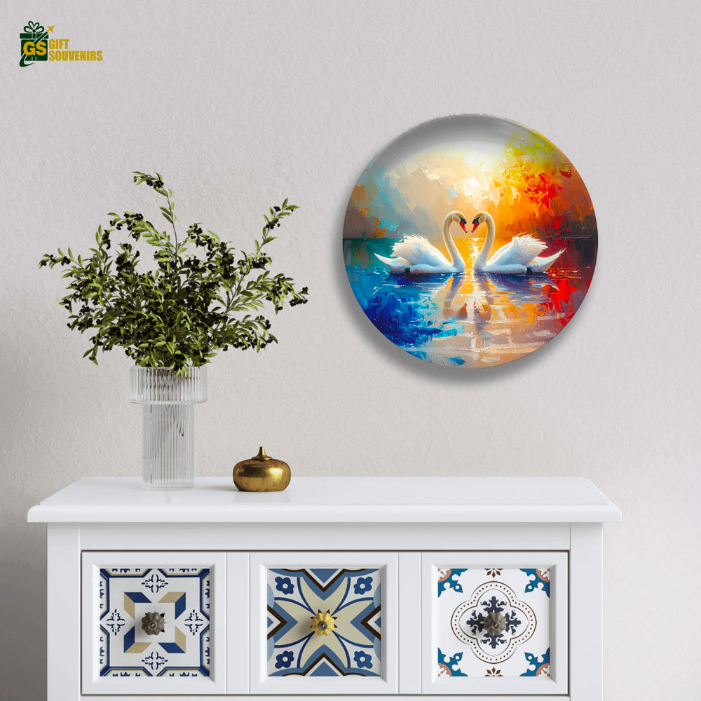 Abstract swan art plate with colorful sunset reflection