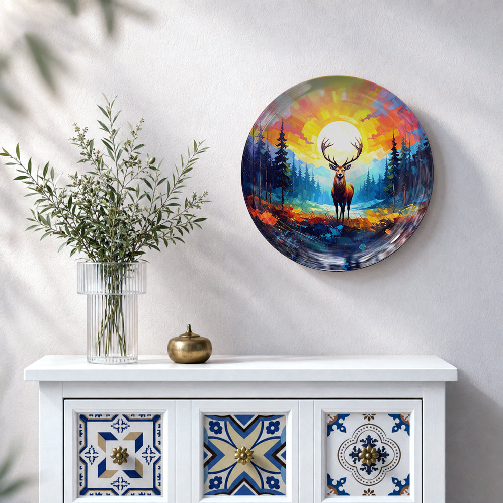 Golden Horizon ceramic wall plate featuring a deer surrounded by colourful forest and scenic landscape