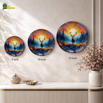 Premium deer ceramic wall plate featuring golden sunlight, deep blue forest and dramatic colourful sky