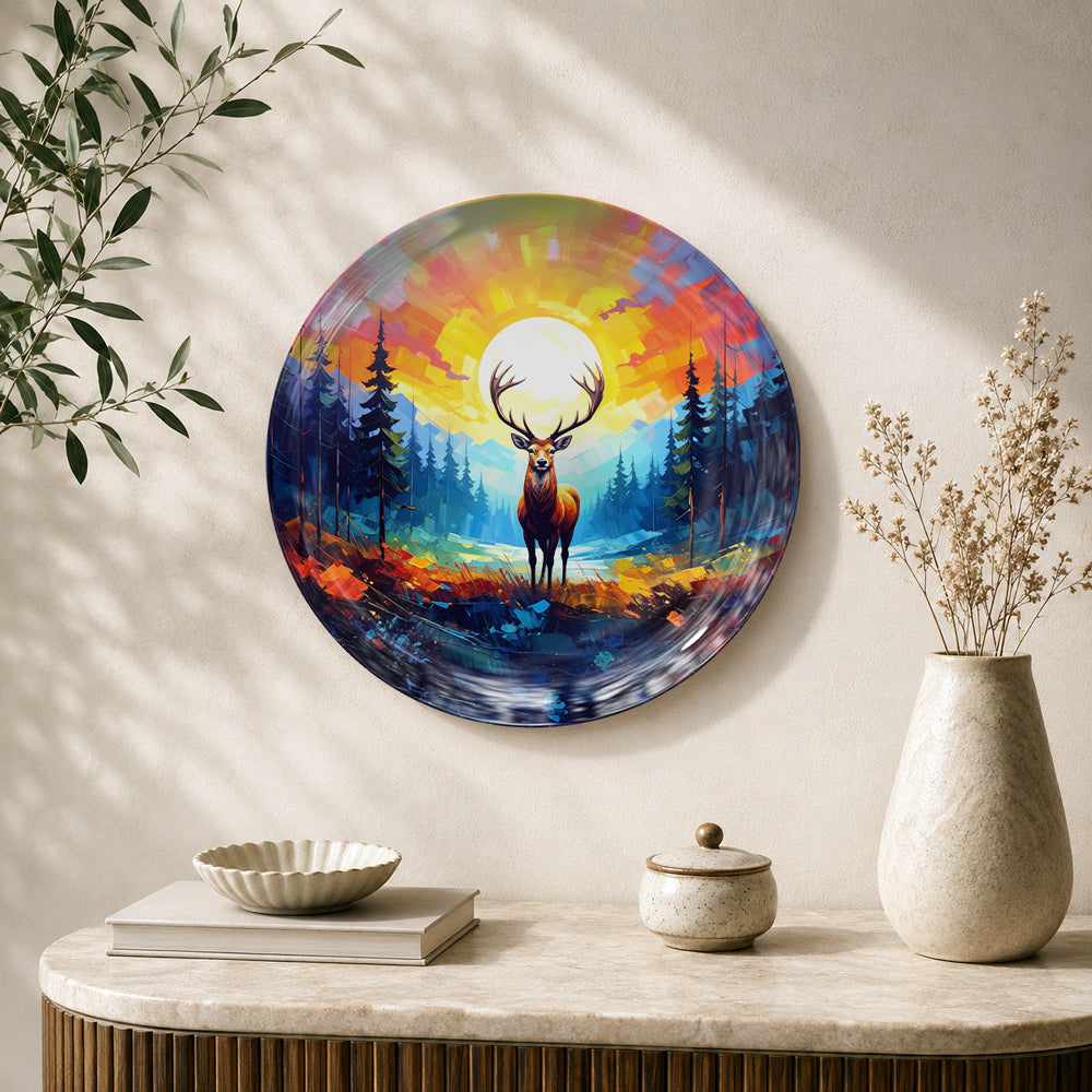 Golden Horizon Radiant Deer ceramic wall plate featuring a majestic deer and glowing golden sun