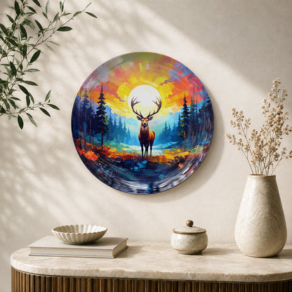 Golden Horizon Radiant Deer ceramic wall plate featuring a majestic deer and glowing golden sun