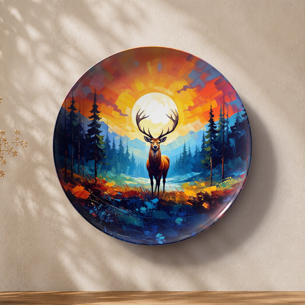 Wildlife ceramic wall plate featuring a deer silhouetted against a brilliant golden horizon
