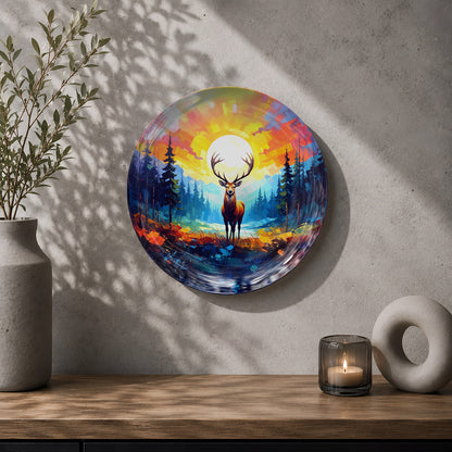 Deer ceramic wall plate souvenir with radiant sunset, colourful forest and wildlife-inspired artwork
