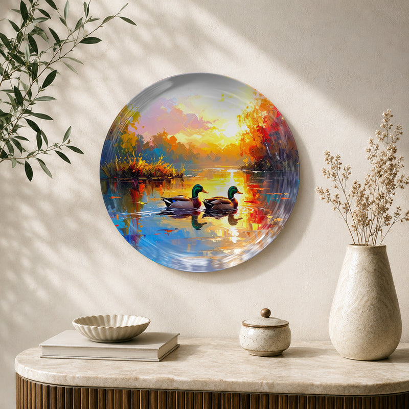 Golden Reflections Serenity of the Lake ceramic wall plate featuring ducks and golden water reflections