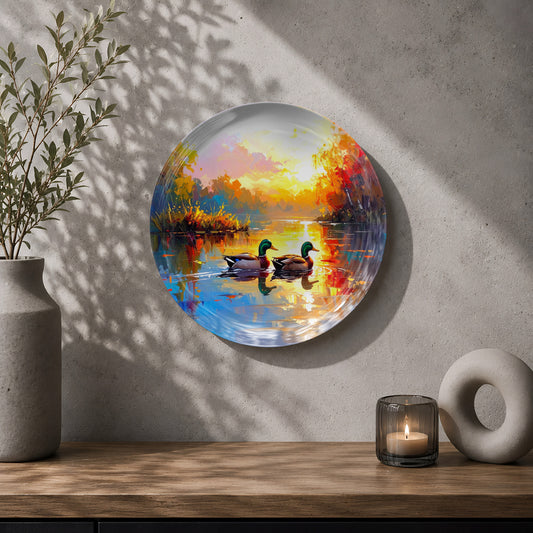 Lake landscape ceramic wall plate souvenir with two ducks, sunset colours and scenic reflections