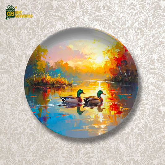 Golden lake wall décor featuring ducks at sunrise