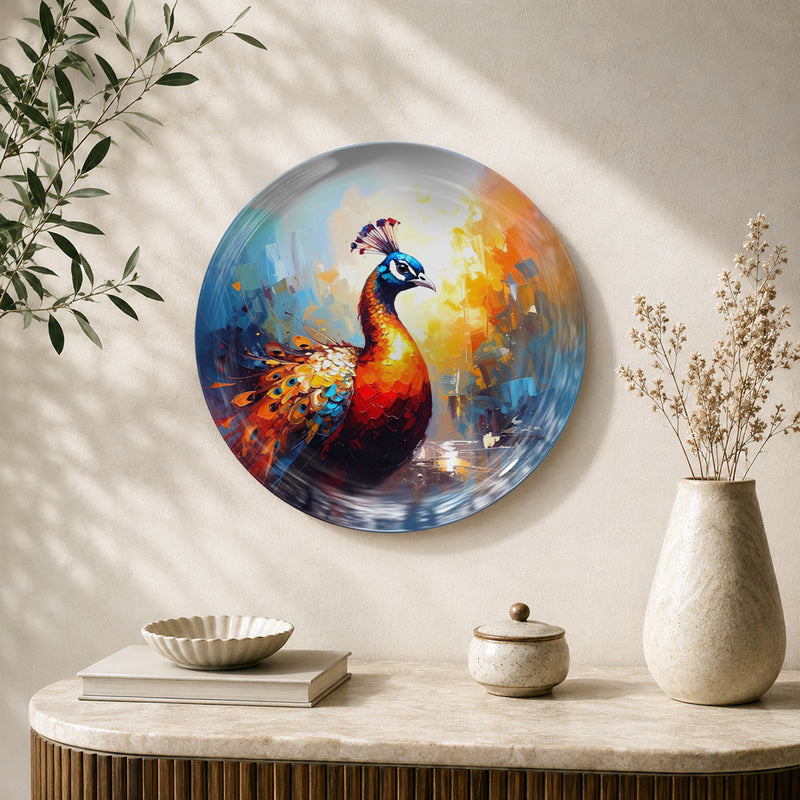 Crimson Radiance regal peacock ceramic wall plate featuring vibrant Indian heritage artwork