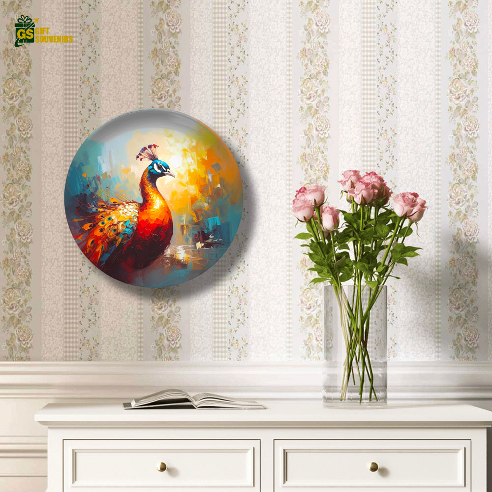 Modern peacock wall plate with bright artistic background
