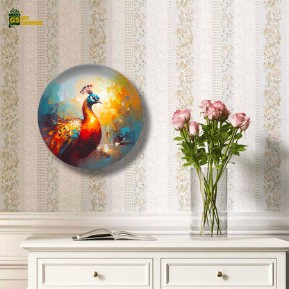 Modern peacock wall plate with bright artistic background