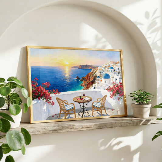 Romantic Santorini terrace with two chairs, dinner table, wine, candle, bougainvillea, and sunset over the Aegean Sea