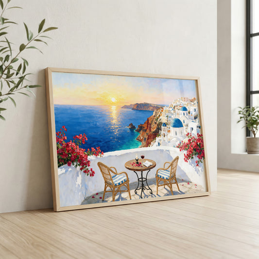 Santorini dinner canvas wall art featuring a table for two overlooking the Aegean Sea with whitewashed buildings and blue domes