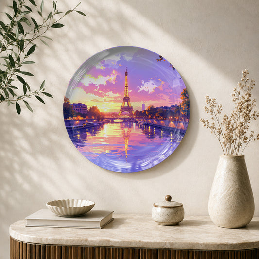 Paris at Dusk Eiffel Tower ceramic wall plate featuring glowing city lights and water reflections