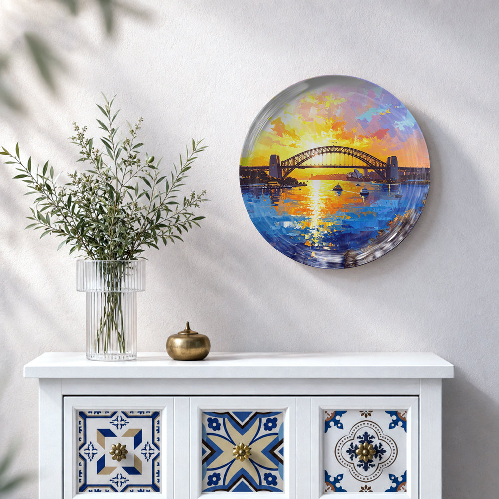 Sydney Harbour ceramic wall plate featuring bridge silhouette, evening sky and water reflections