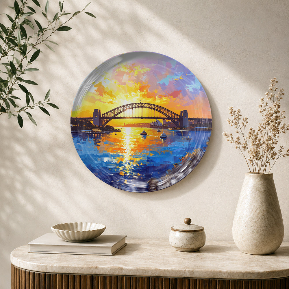 Sydney Harbour Glow ceramic wall plate featuring the illuminated harbour and cityscape