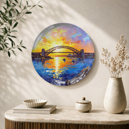Sydney Harbour Glow ceramic wall plate featuring the illuminated harbour and cityscape