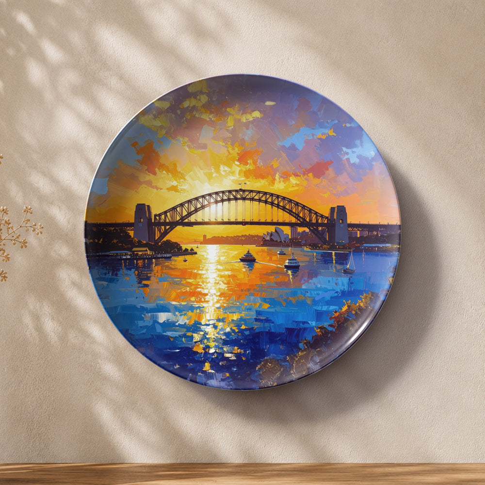 Sydney Australia ceramic wall plate souvenir with glowing waterfront and colourful reflections