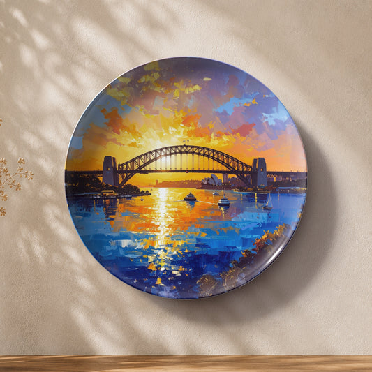 Sydney Australia ceramic wall plate souvenir with glowing waterfront and colourful reflections
