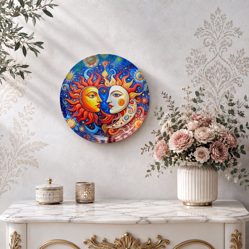 Celestial Union Vaastu ceramic wall decor featuring radiant Sun and serene Moon artwork
