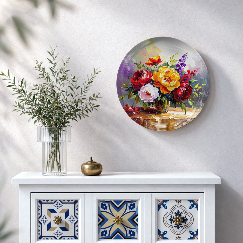 Floral Still Life ceramic wall plate featuring roses, colourful flowers and lush green foliage