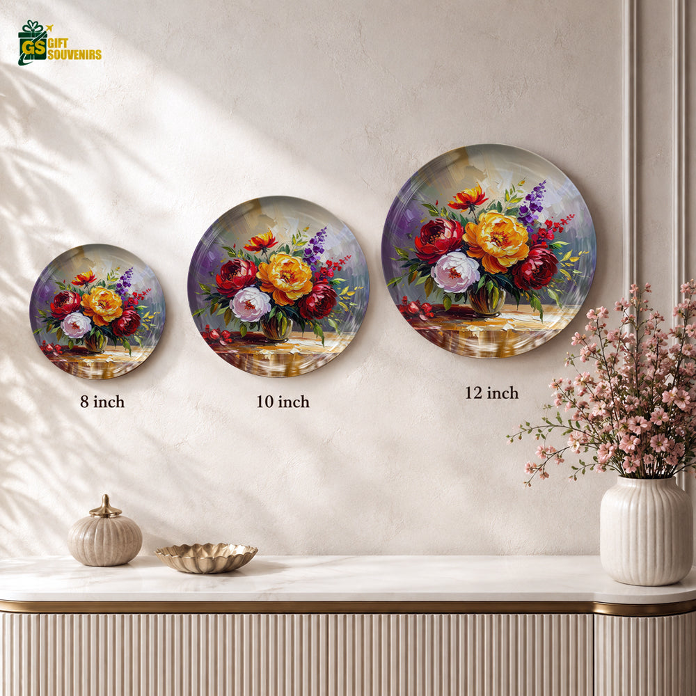 Premium floral ceramic wall plate featuring red, yellow, pink and purple flowers in a still-life composition